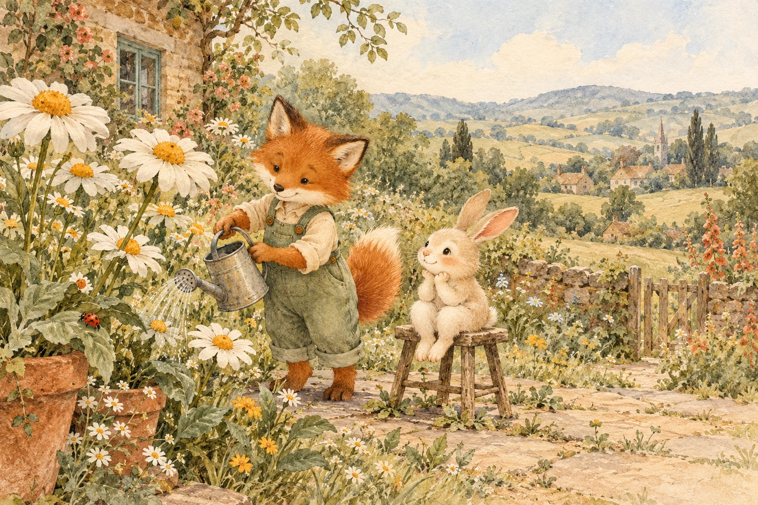 A little fox waters a flower garden while a rabbit friend watches, painted in soft watercolor
